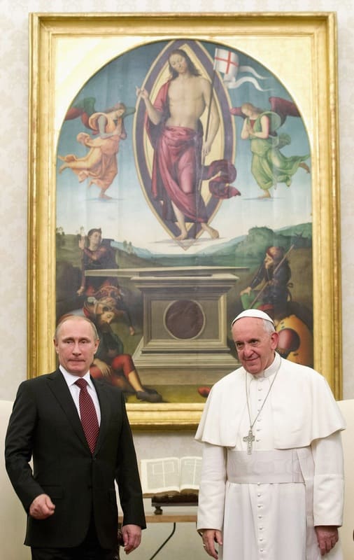 Vladimir Putin and Pope Francis, both standing in front of Jesus Christ holding a flag like England, the mark of Dan.