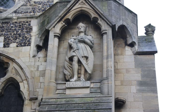 Contemporary statue to Harold at Waltham Church, to the right of the main door, south west corner