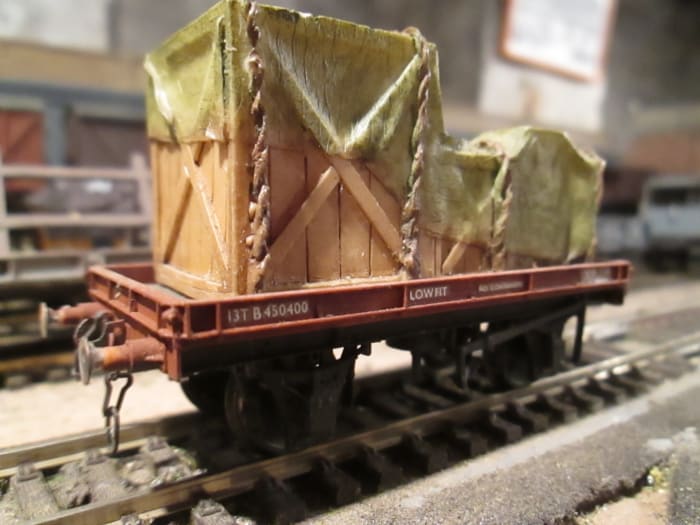 Parkside BR Lowfit with Smiths' Instanter couplings and cut-off cast brass vacuum pipes - resin cast crate load from Hornby - although this would obviously be too much for a an average forklift truck