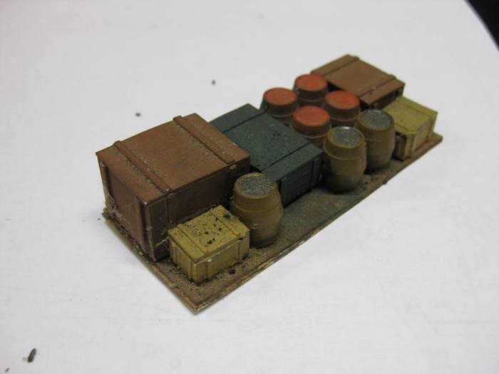 Wagon load for 13t steel LNER open, crates and barrels from Peco, 'floor' is Slater's 4mm plank mounted on 2.5mm thick plain card