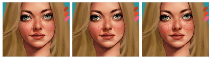 The pink and orange that I used are very bright and saturated, but I find that using very bright colours but with a very light hand simulates the skin’s translucency better than a heavy-handed application of a more muted colour.