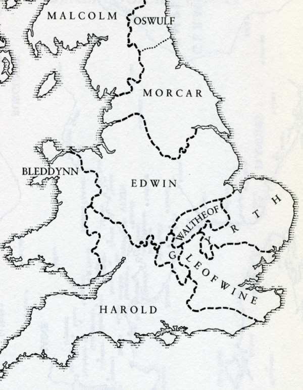 Earldoms after Tostig's deposition, Morkere (Morcar) in Northumbria, 1065. Oswulf - top right - was a kinsman of Gospatric, who took the earldom for a short time in 1067 and left for Scotland when he realised he could not fulfil William's tax demands