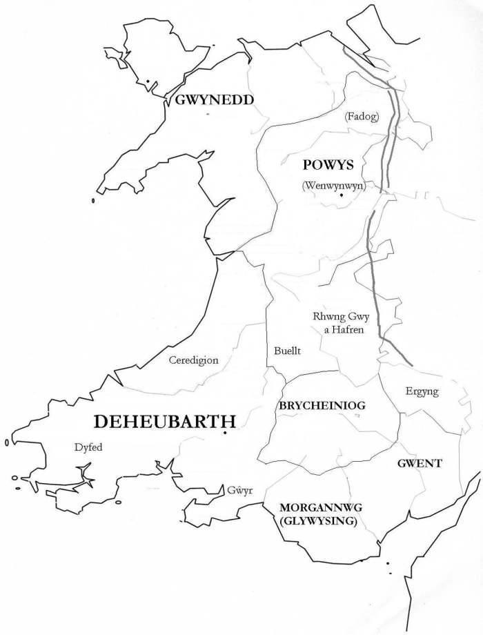 Wales at the time of Eadward's reign in England. Gwynedd is in the north-western quarter, with Anglesey to its north across the Menai Strait