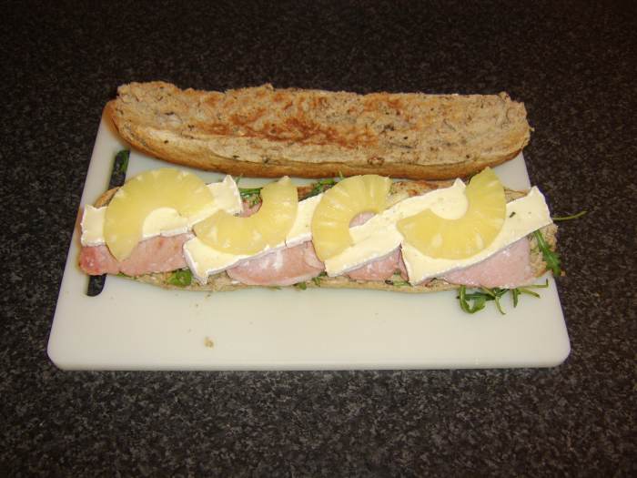A sandwich is perhaps not something most people consider for dinner but what - essentially- is a burger? This very different and satisfying bacon sandwich also includes green salad leaves, pineapple and camembert cheese