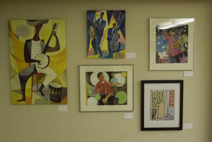 This wall was mostly devoted to a music theme. On the Left, "Calypso" by Andre (Igor) Rostowski, who also did "Rhythm and Blues" at top center, both in acrylic. Sally Tippman did "Club Date" (center bottom) and "Sound Machine" (top right).