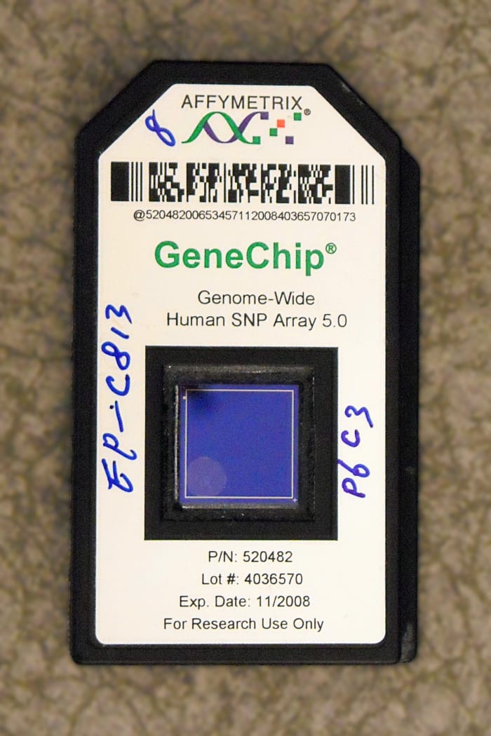 An Affymetrix Gene Chip - this microarray is used to examine multiple genetic sequences from the human genome. This type of chip may be used for genetic screening for a child with congenital birth defects.