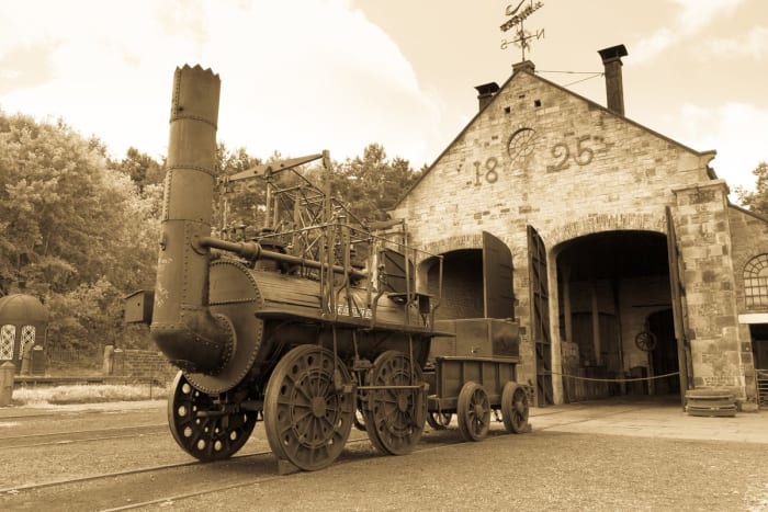 'Locomotion Number One', built at Robert Stephenson's Forth Street Works, Newcastle-upon-Tyne for his father George's inaugural run on September 25th, 1825 between Shildon and Stockton-upon-Tees Quayside. Seen outside the loco shed at Shildon