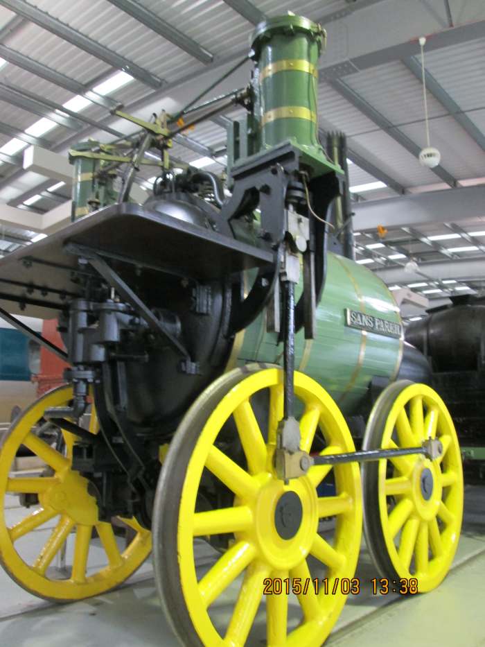 I asked one of the staff to remove the identity ticket from the nearest wheel of this replica if Timothy Hackworth's locomotive 'Sans Pareil' (see original above, near top of page). The locomotive was Hackworth's entry to the Rainhill Trials