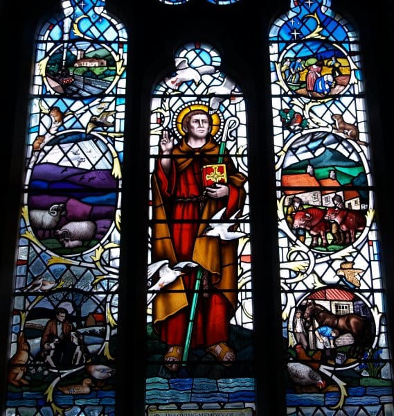 Saint Cuthbert, one of the North's famous sons, amongst scenes of rural North Yorkshire life. His remains are in the crypt of Durham Cathedral