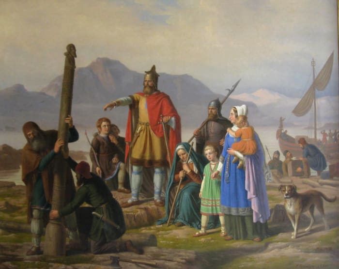 Ingolf Arnarson has come ashore in this painting by Raadsig - note the man on the left with a high seat pillar. They were thrown overboard near shore and where they grounded was where the clan settled