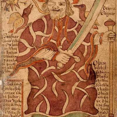 Kormak's Saga title page shows 'the Old One', the one-eyed Allfather on the prowl with his ravens, Huginn and Muninn perched on his shoulders to let him know what is happening in Midgard or the other eight worlds