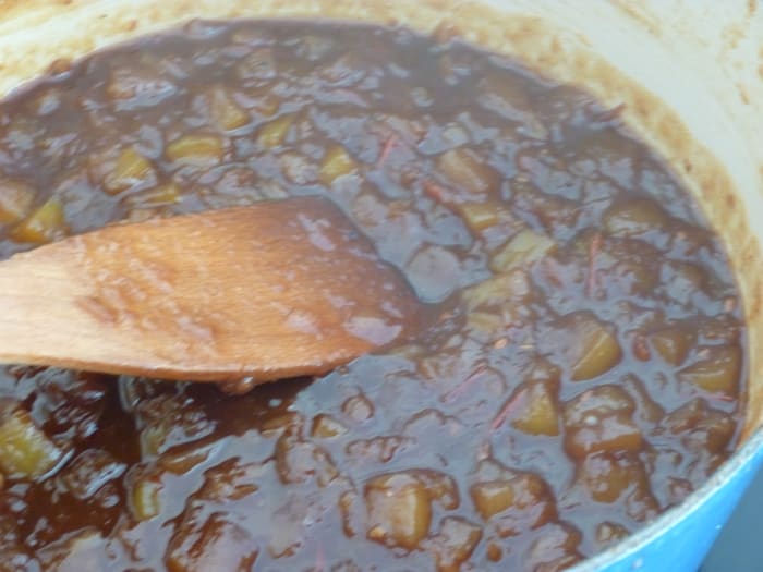 Once marrow is soft add sugar, spices and the rest of the vinegar and boil gently until the mixture has reduced. Test for evaporation of vinegar by gently drawing a spoon across the surface.