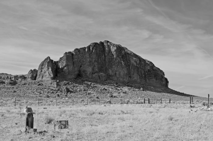 Fort Rock Cemetery on the outskirts of the volcanic rock formation.