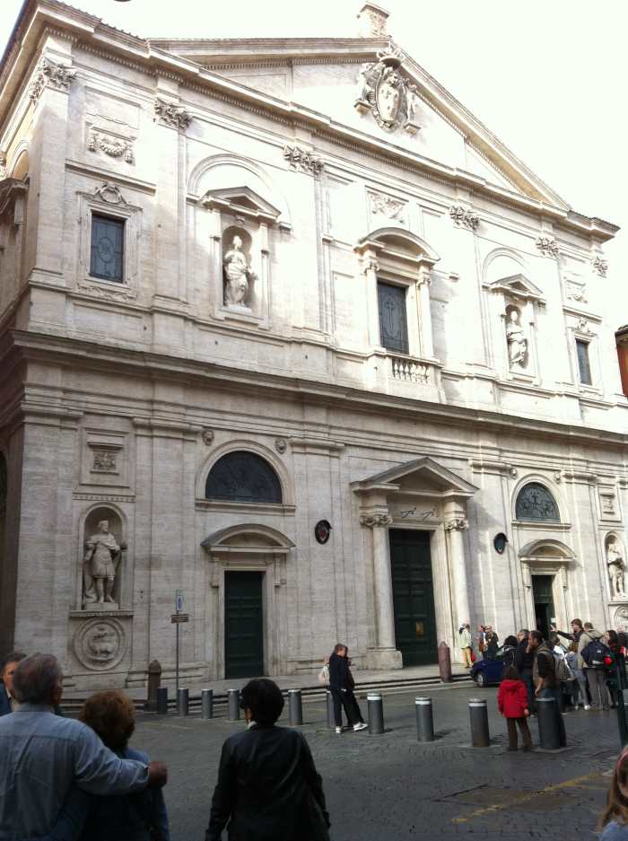 The facade of the church San Luigi dei Francesi by architects Giacomo della Porta and Carlo Fontana 1550-1580. Below are the statues of Charlemagna and St Louis, above are ther statues of St. Clotilde and St Jeanne de Valois