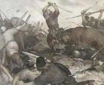 Hrolf Kraki's last battle - against half-sister Skuld and her sorcery. Bodvar Bjarki is beside the king in his bear shape, until wakened by Hjalti. Then Skuld's power strengthens