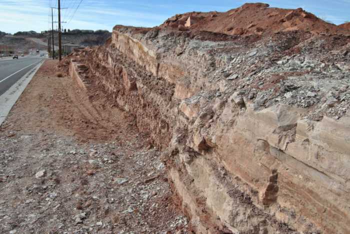This road cut is the site of the latest dinosaur track discovery across the street from the Johnson Farm dinosaur track museum.