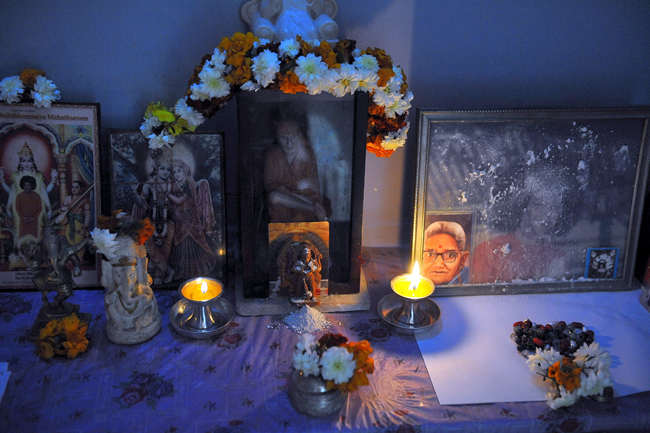 The heap of vibhuti in front of Lord Hanuman in the altar as we saw it on the morning of the 2nd January.