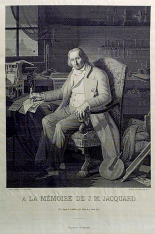 A portrait of Jacquard created in silk cloth woven by Michel-Marie Carquillat (1803–1884) After Claude Bonnefond (1796–1860)