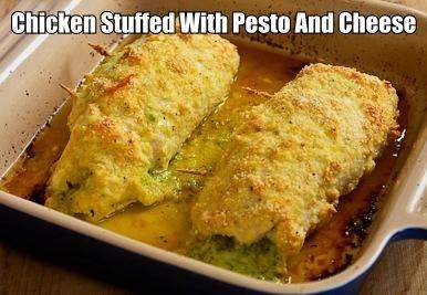 if your looking for a wonderful chicken recipe that goes perfect with pasta then here it is. Here you have baked chicken stuffed with pesto and cheese. Serve it with your favorite pasta for a wonderful meal.