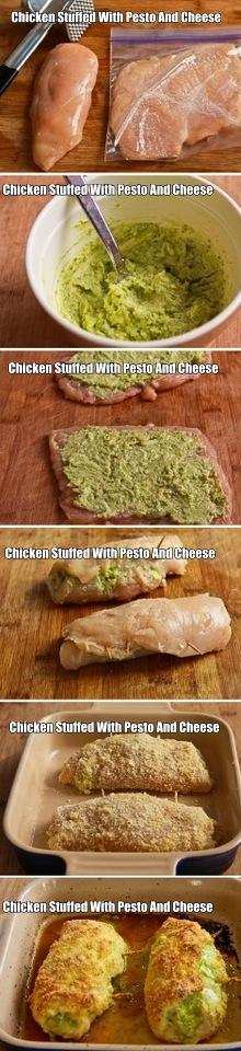 if your looking for a wonderful chicken recipe that goes perfect with pasta then here it is. Here you have baked chicken stuffed with pesto and cheese. Serve it with your favorite pasta for a wonderful meal.