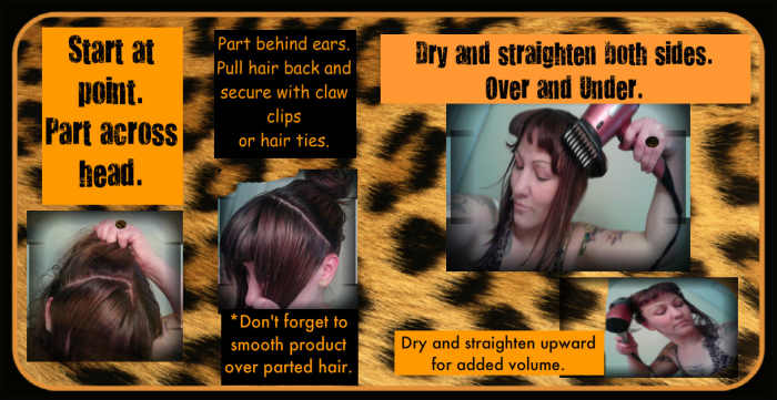 After your bangs are dried and straightened, Part & dry the mid section of your hair so that your bangs do not get damp and curl back up again.