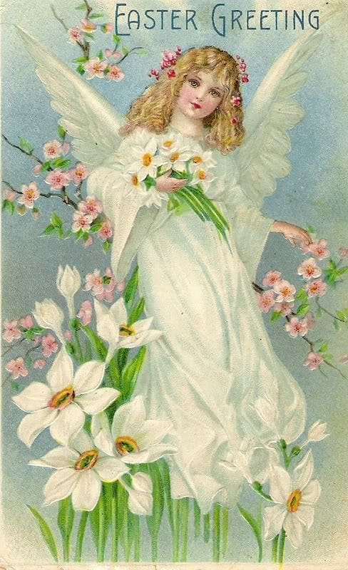 Female Easter angels are a common motif in vintage cards. Could this be a memory of our lost Easter goddess?