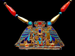A pectoral of King Senusret II from the tomb of Sit-Hathor Yunet. Note the Ankhs and the uses of symbols and colour to depict the complexity of an ancient Egyptian society.