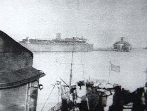 The last known photo of the Wilhelm Gustloff as she leaves Danzig. This photo provided a key clue to historians. The ship is riding very low in the water, evidence of it's overcapacity.