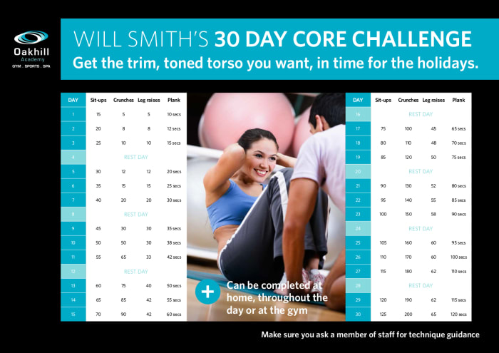 30 Day Core Challenge Poster in with a pretty brunette and a personal trainer performing sits ups with a list of suggested exercises