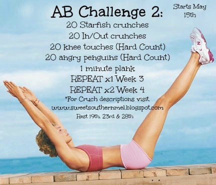 colorful ab challenge poster with a water background and a girl in a two piece pink workout outfit and a list of specific abdominal exercises
