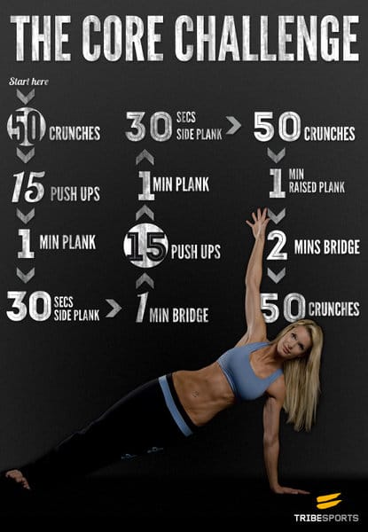 30 day abdominal challenge poster in pink and black with a photo of a female torso with specific exercises and repetitions and a pretty blond in a two piece fitness outfit in purple and black