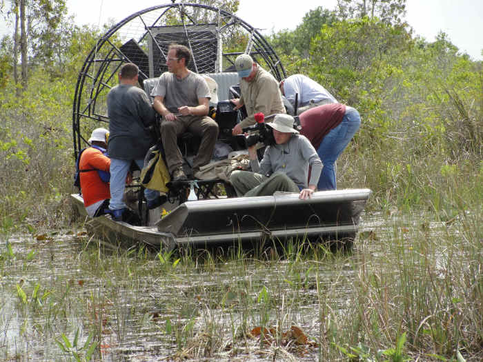 People riding on a wind or air boat, used to travel in the swamp.