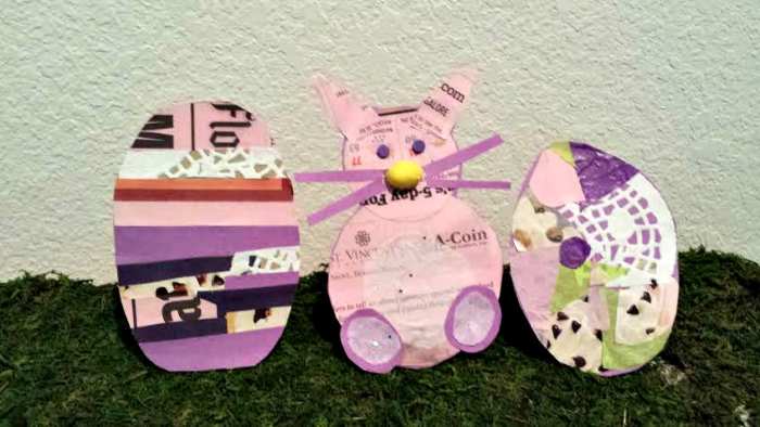 Cut cardboard box into shape of egg and cover with various paper (newspaper, construction paper, paper doilies, etc.). For the bunny: cut one small circle for head, one larger circle for body and two feet. Use hole puncher to cut out eyes.