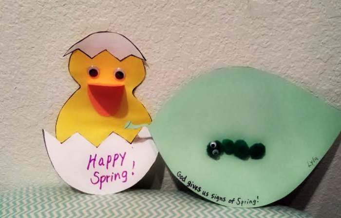 My daughter made these Spring crafts at our church nursery. They said she loves doing crafts. The same goes for when she's at home - any time there is glue and paper involved, she is egg-cited!