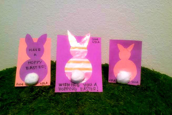 I made these cards using oatmeal boxes, used wrapping paper and construction paper. Put cotton balls for tails and write a message or sign child's name. My daughter helped glue all of this - her favorite part of crafting!