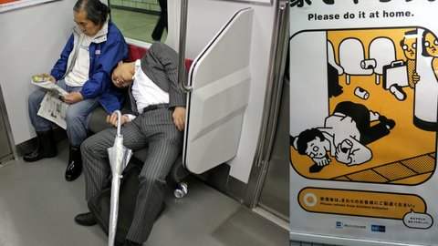 Commuter etiquette poster in Tokyo Subway on sleeping in the train - Reasons: long commute time, can be two hours. They also stay out late drinking, but have to be up early for work