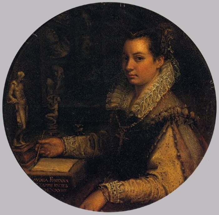 L. Fontana, Self Portrait (1579), Florence Uffizi Lavinia pays great attention to her public image and portrays herself formally dressed at the desk of the study, full of antiquities. The painting is signed also with the name of her husband (Zappi).