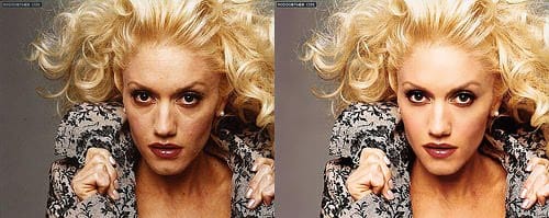 Gwen Stefani's skin has been smoothed and given a glow. The wrinkles and under-eye circles and bags are gone.