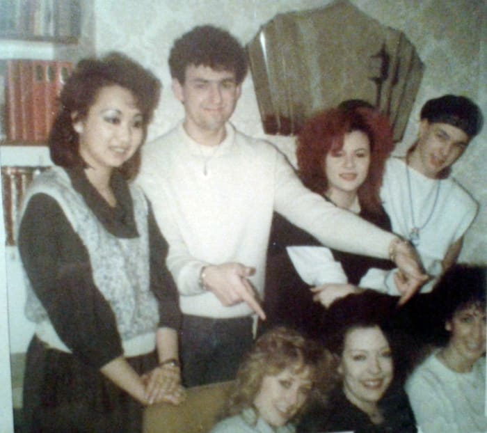 Standing (from left) are Nila; my schoolfriend Tracey's boyfriend Simon; Michelle and Kevin. Seated (from left) are Tracey, me and my schoolfriend Alison.
