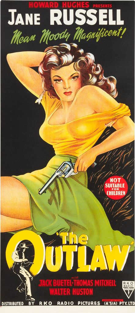 "The Outlaw" (RKO R-1950) Australian Daybill Directed by Howard Hughes (13" X 30") Jane Russell, Jack Buetel