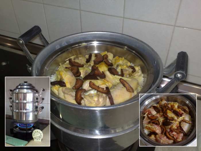 A simple and easy recipe - marinated chicken and mushroom placed over white rice (Inset - uncooked dish)