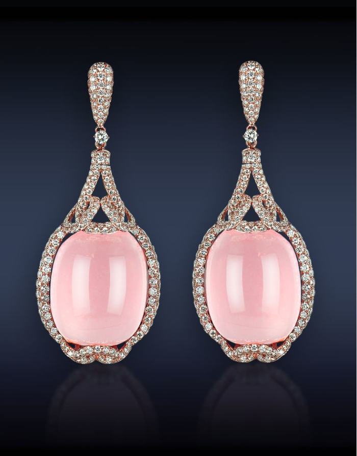 These, in contrast to the picture immediately preceding it, are spectacular! Lustrous, opaque rose quartz earrings by Jacob &Co. Photo courtesy of Jacob &Co.