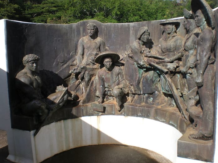 The sculpture honoring the workers of the Koloa Sugar Plantation