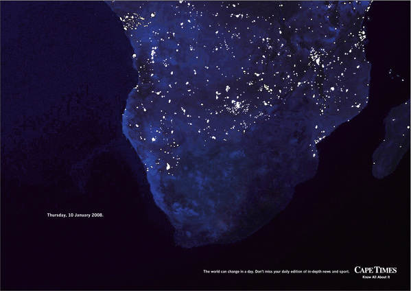 South Africa faces an electricity crisis, with a severe shortage of supply and sprawling blackouts due to 'load-shedding'. This ad made commentary on this problem when the blackouts began in January 2008.