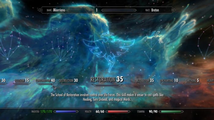 Illustration of the effect of skill and race bonuses on your character statistics when using the Character Creation Overhaul mod by Syclonix. Picture courtesy of Skyrim Nexus, Bethesda and Zenimax.