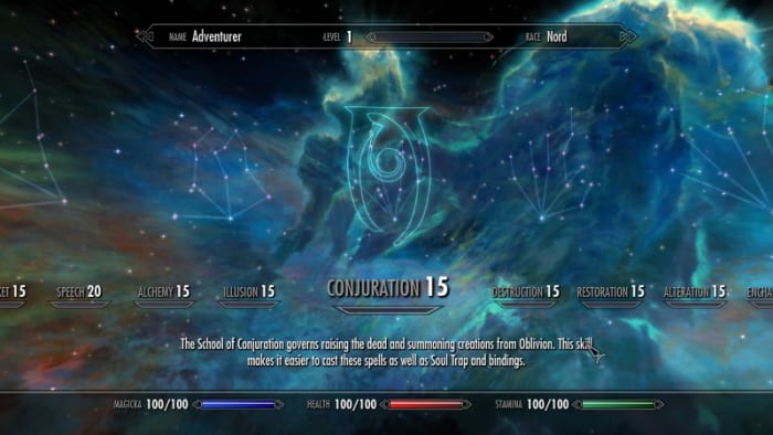 Vanilla Skyrim starting statistics showing only the small racial bonus. Picture courtesy of Skyrim Nexus, Bethesda and Zenimax.