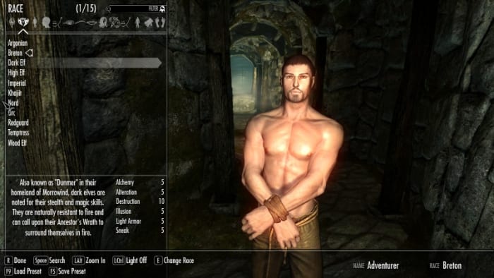 Skyrim character creation showing information about the currently selected race (added by installing the Race Menu mod). Picture courtesy of Skyrim Nexus, Bethesda and Zenimax.