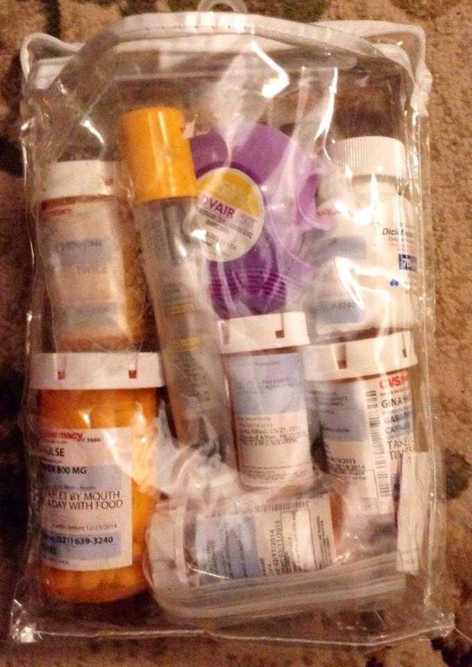 Medications include those for heart, lung, neuropathy, costochondritis, arthritis, epi-pen for allergic reactions, depression meds, COPD/emohysema meds, B12 deficiency meds to name a few.