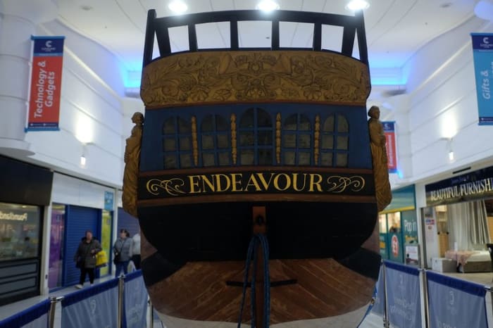 The afterdeck and stern superstructure of 'Endeavour'. The windows are those of the captain's cabin.