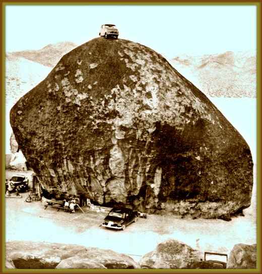 George became world famous for his amazing UFOs & Peace Conventions at the remarkable giant granite rock this photos if from 1957. This was the huge granite rock on top of the bunker that Frank Critzer died in 1942 from the explosion.